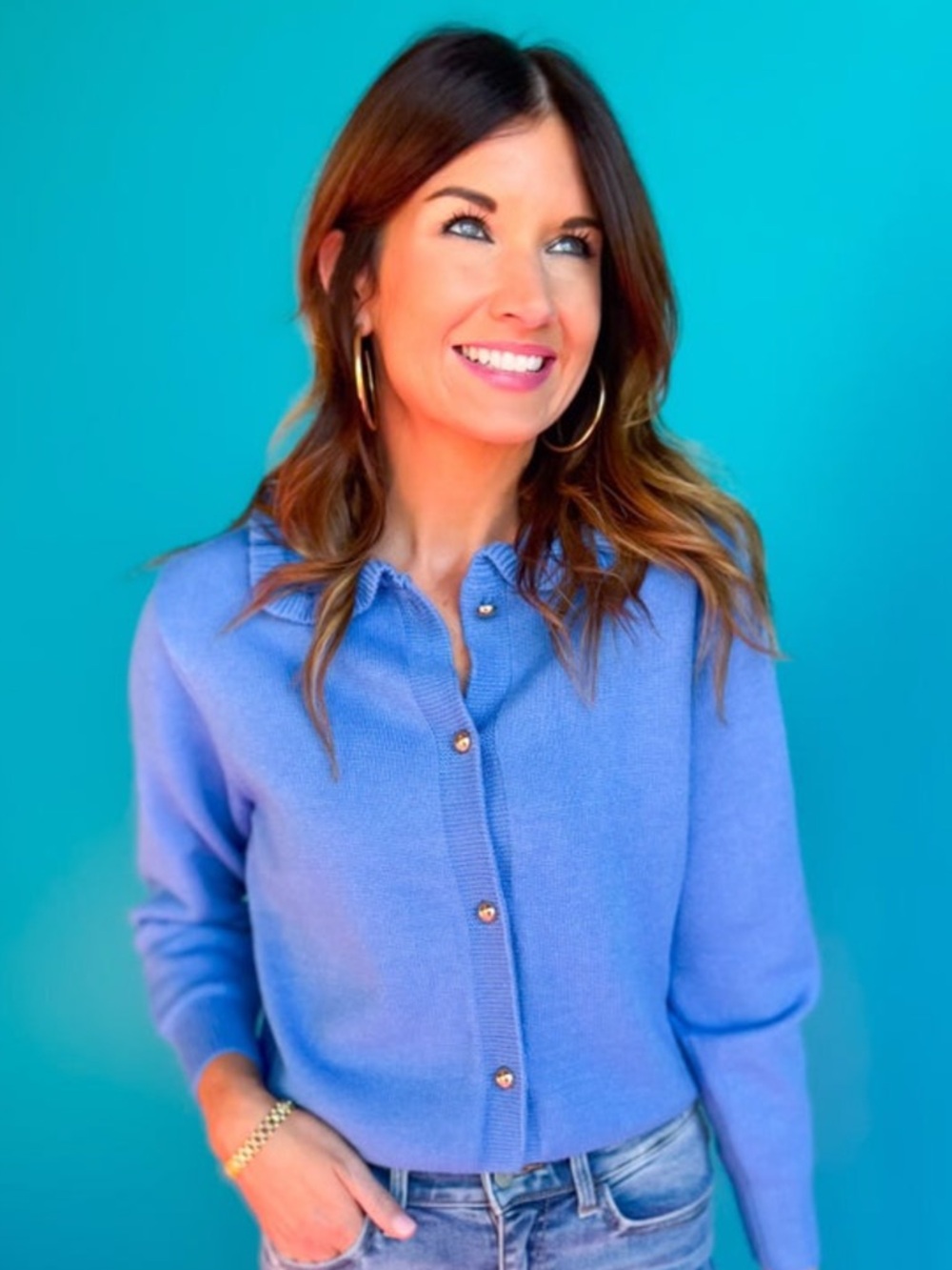 LAST CHANCE!! NEW W TAGS MAEVE RUFFLE COLLAR CARDIGAN BEAUTIFUL CORNFLOWER BLUE